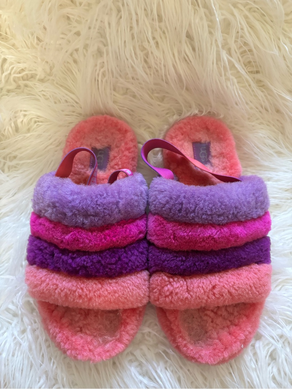 UGG Kids Fuzzy Slide Sandals in Pink and Purple